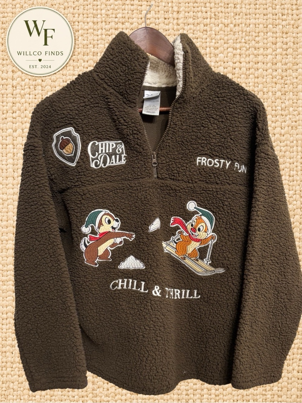 Disney Chip & Dale Sherpa Pullover Brown Quarter Zip Fleece Chill & Thrill